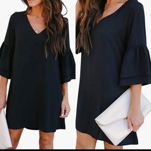 Black V-neck Bell Sleeve Shift Mini dress